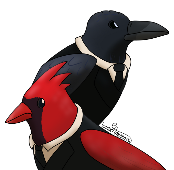 Art of two birds, a crow and a cardinal. Both are drawn accurately, except for the suits they are both wearing