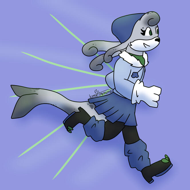 An anthro seal character dressed warm, designed similarly to sonic characters running with a smile on her face