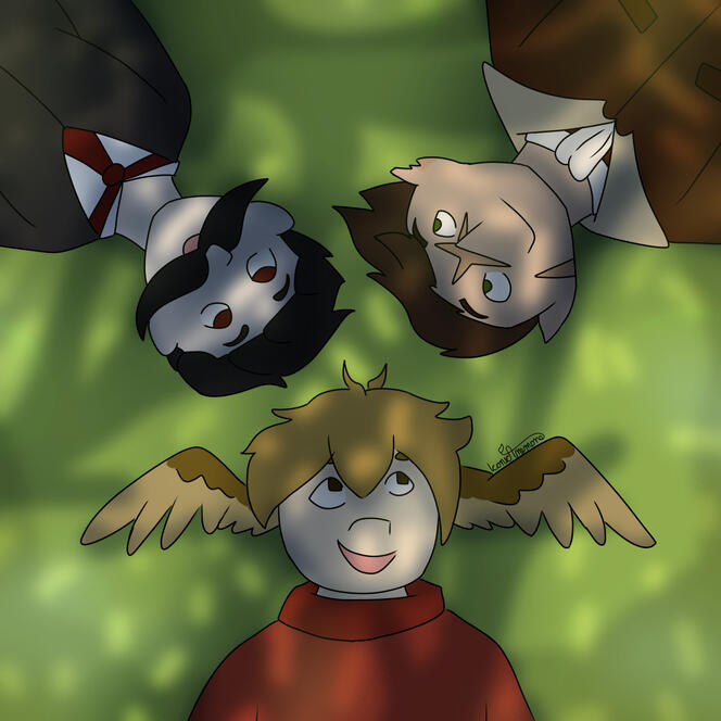 A down view shot of three characters laying on the grass, with the shadows of leaves and branches cast upon them. The characters are Grian, Scar, and Mumbo from hermitcraft