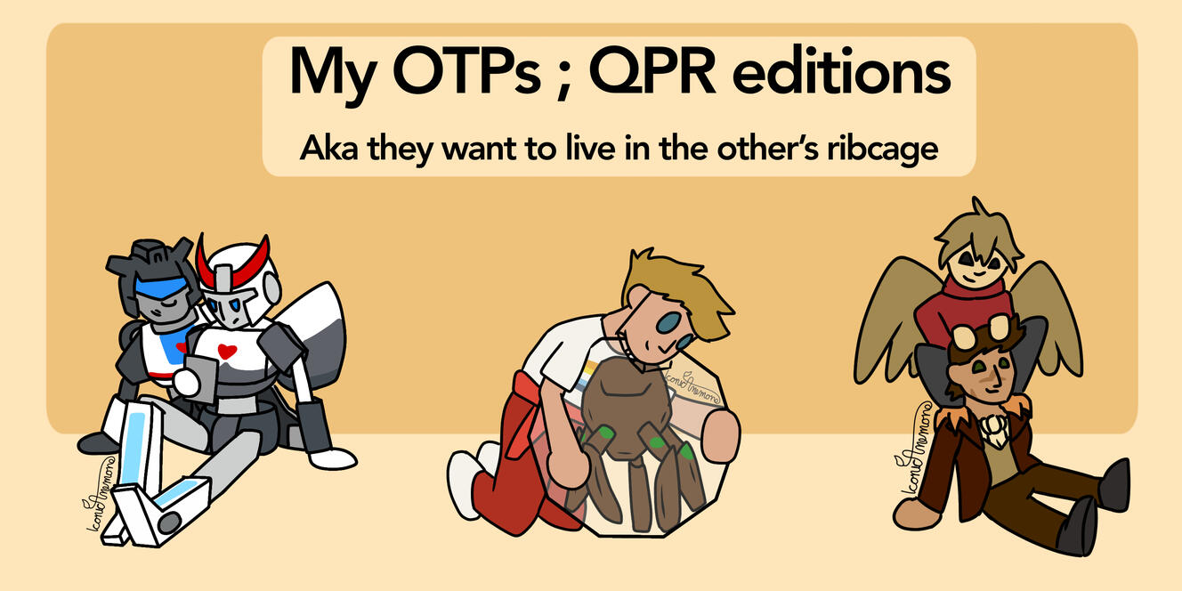 Three sets of duos in a chibi style. Transformers characters Jazz and Prowl, Project Hail Mary characters Rocky and Grace, and Hermitcraft characters Grian and Scar. Each duo are exhibiting affection to each other in their own ways