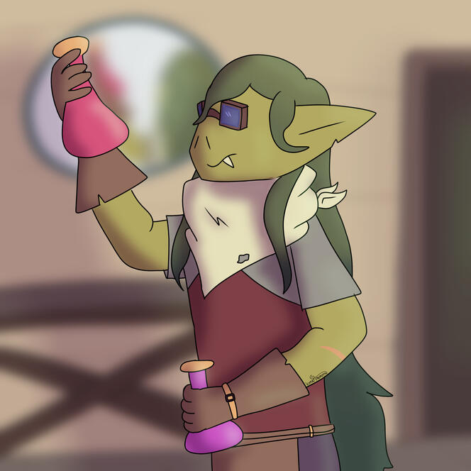 A goblin character in their room holding up and inspecting a potion in their hand