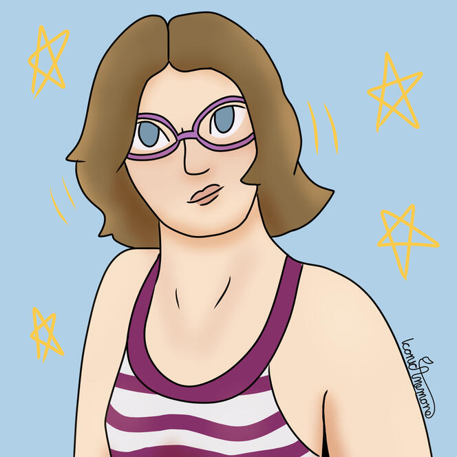 An image redraw of a lady in a tank top with wavy blond hair and purple glasses