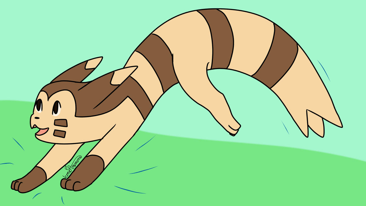 A computer wallpaper of a furret pokemon bounding across the screen