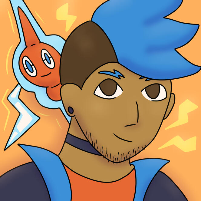 A profile picture of a pokemon trainer with a Mohawk of electric blue hair, with his shaved sides brown. Over his shoulder is a rotom pokemon. The trainer also has blue electric bolt shaped eyebrows, a scruffy beard, and ear piercings