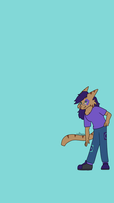 A blue phone wallpaper with an anthro cat standing in one corner, hand on her hip and the other hanging. She is brown and has purple hair, as well as a purple shirt and jeans