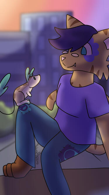 A phone wallpaper of an anthro cat sitting with one leg bent up, with a small jerboa perched on her knee. Behind them is a city scape, and they are dramatically back lit by a setting sun.