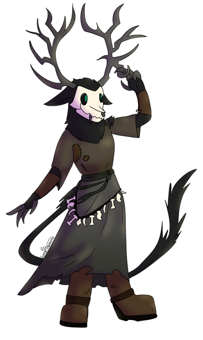 An anthro deer with a skull face wearing a dress that is flowing in the wind