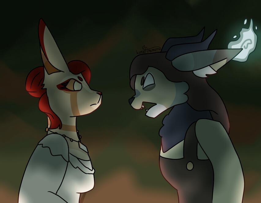 Two anthro characters having a face off, dramatically underlit by fire