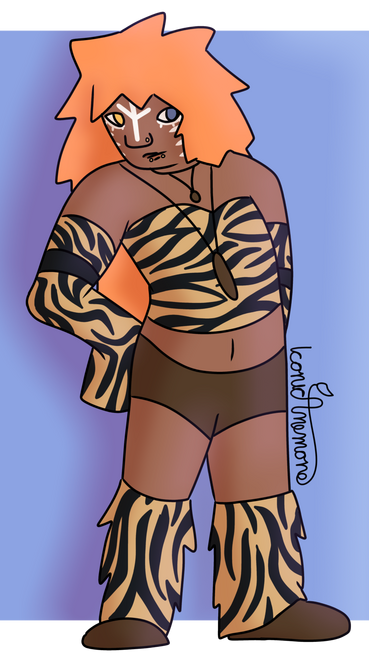 A man with long curly orange hair with one hand on his hip and wearing tiger striped clothes