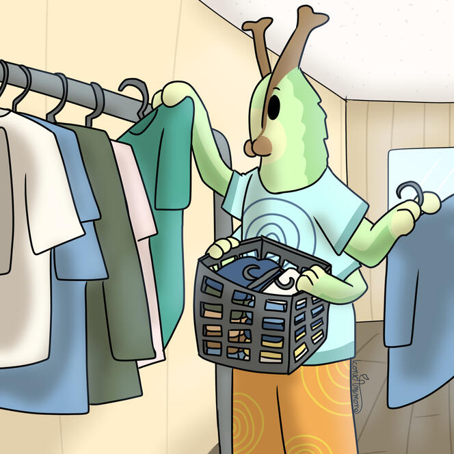An anthro caterpillar stocking a rack of shirts, with one pair of hands holding hangers with shirts on them, and another pair of hands holding onto a basket with more clothes folded inside