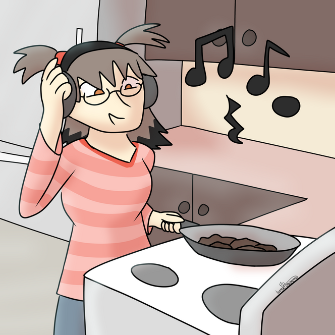 A lady cooking on a stove as she listens to music