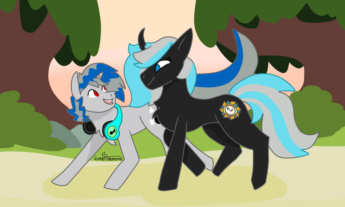 Two My Little Pony characters walking along a path. The black pony is smiling at the grey pony, who is running around her friend