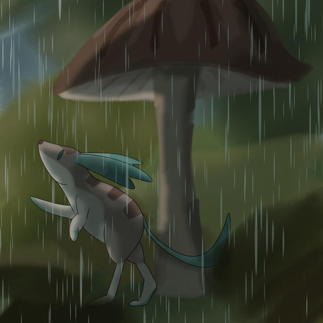 A moody drawing of a jerboa underneath a mushroom taking shelter from the rain
