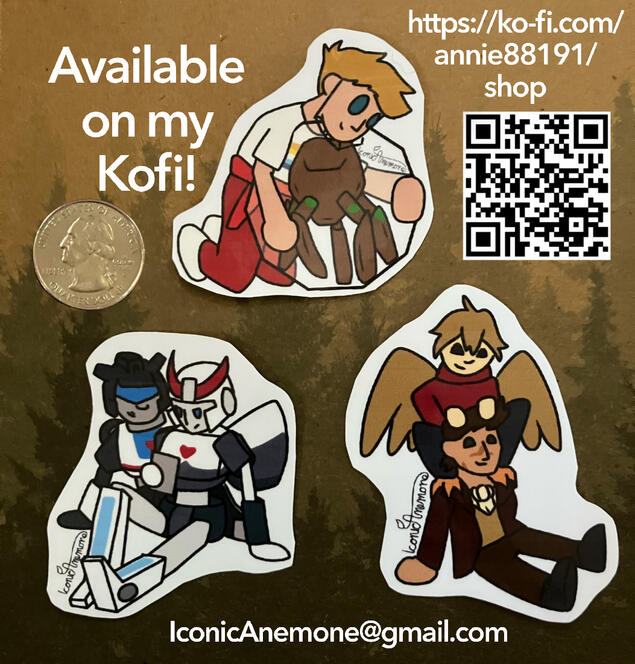 A picture of three stickers of Rocky&Grace, Jazz&Prowl, and Grian&Scar. There is also a quarter, as well as text advertising the stickers for sale