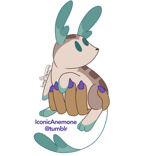 Jee, a stylized jerboa. It is tan with brown squares along its back, and blue-teal ears, toes, and long tail. It’s being held in a hand with purple sharp nails